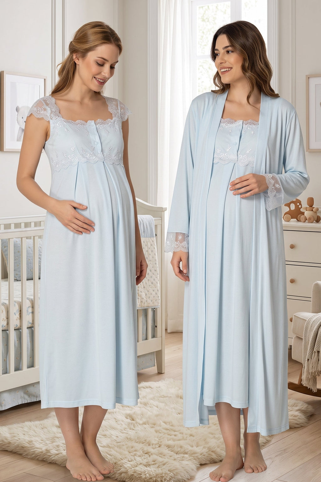 Lace Shoulder Maternity Feeding-Friendly Nightgown & Robe Set Blue - T2302