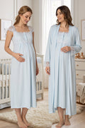 Lace Shoulder Maternity Feeding-Friendly Nightgown & Robe Set Blue - T2302
