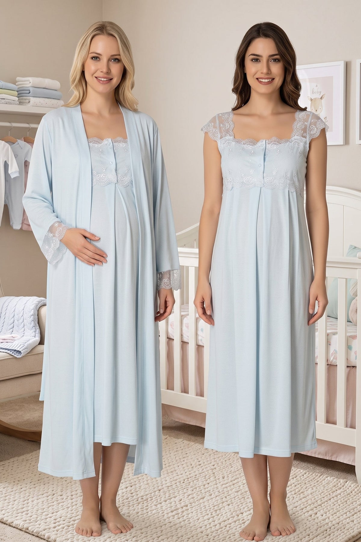 Lace Shoulder Maternity Feeding-Friendly Nightgown & Robe Set Blue - T2302