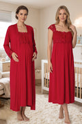 Lace Shoulder Maternity Feeding-Friendly Nightgown & Robe Set Cherry - T2302
