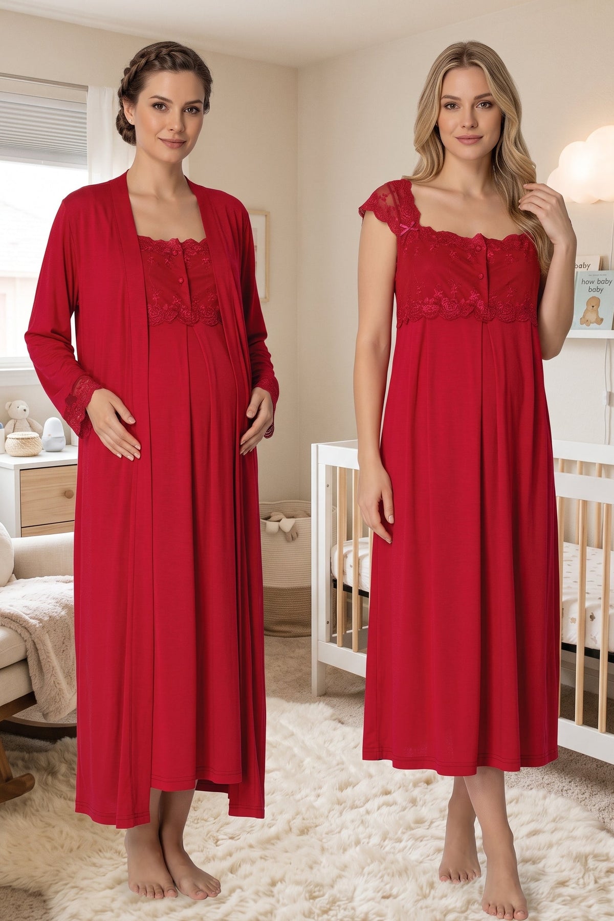 Lace Shoulder Maternity Feeding-Friendly Nightgown & Robe Set Cherry - T2302