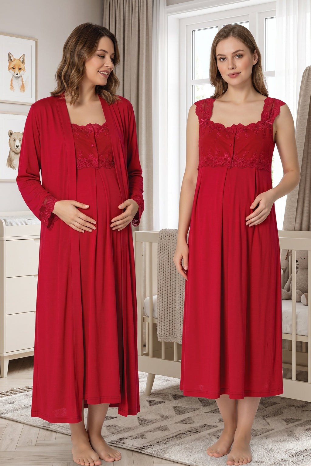 Lace Shoulder Maternity Feeding-Friendly Nightgown & Robe Set Cherry - T2302
