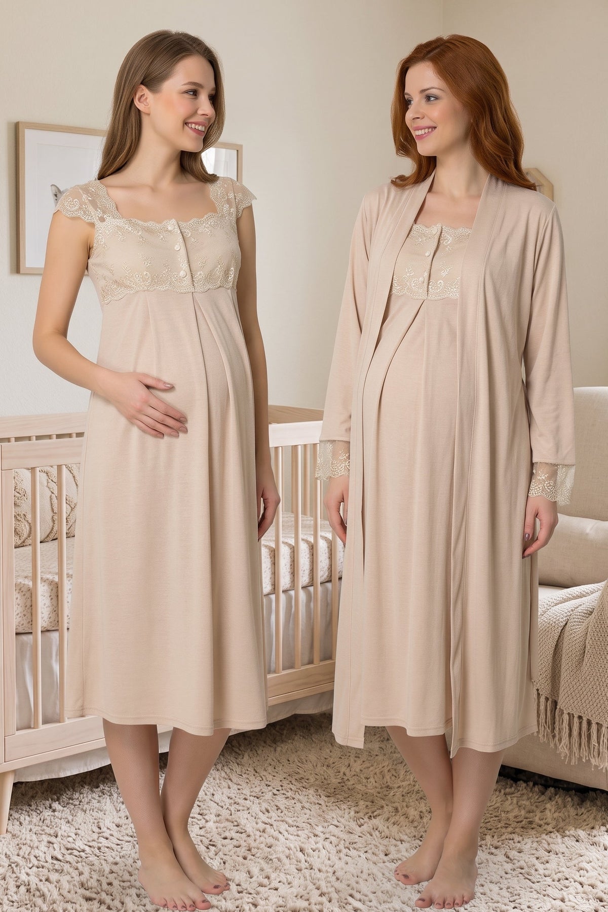 Lace Shoulder Maternity Feeding-Friendly Nightgown & Robe Set Mink - T2302