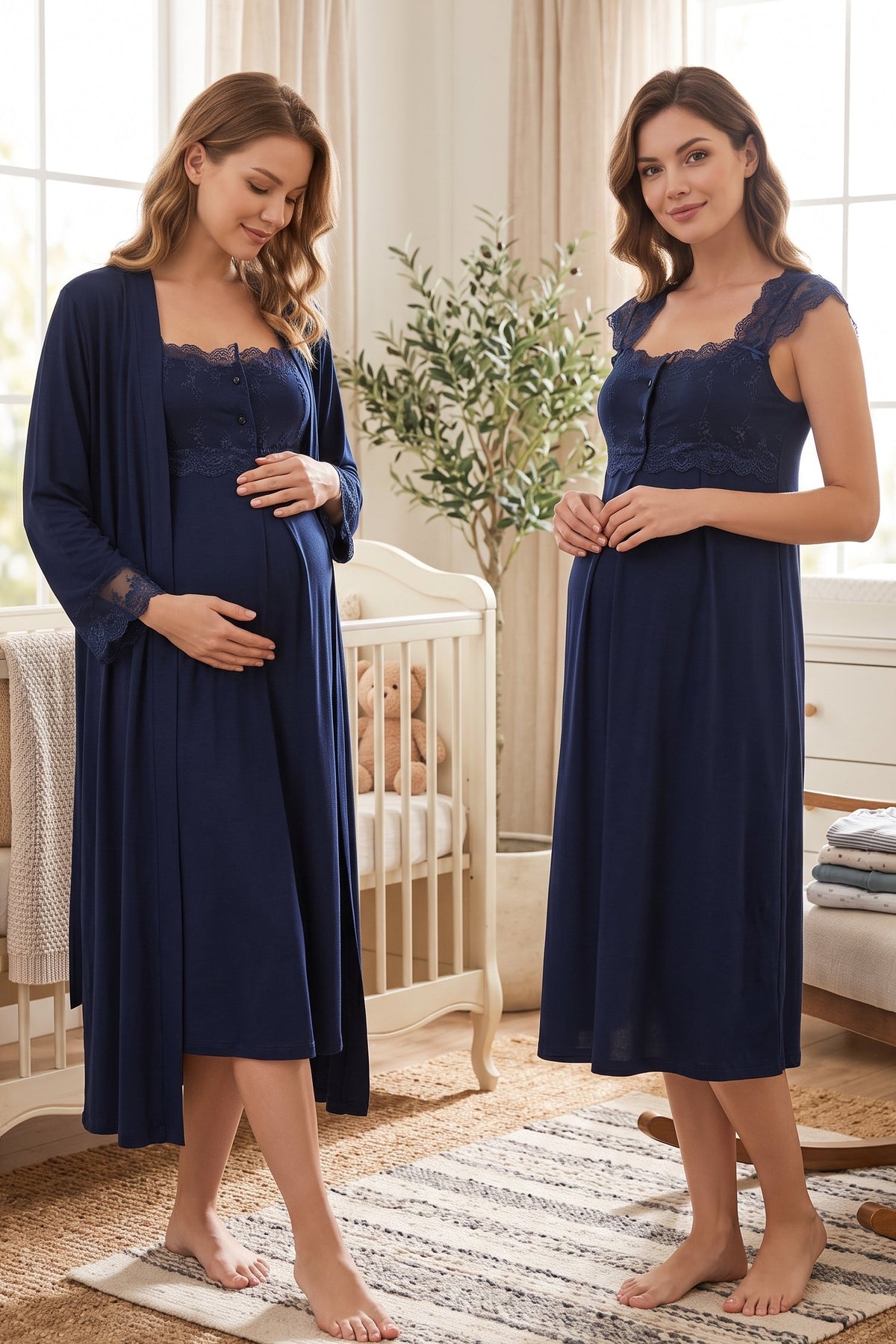 Lace Shoulder Maternity Feeding-Friendly Nightgown & Robe Set Navy Blue - T2302