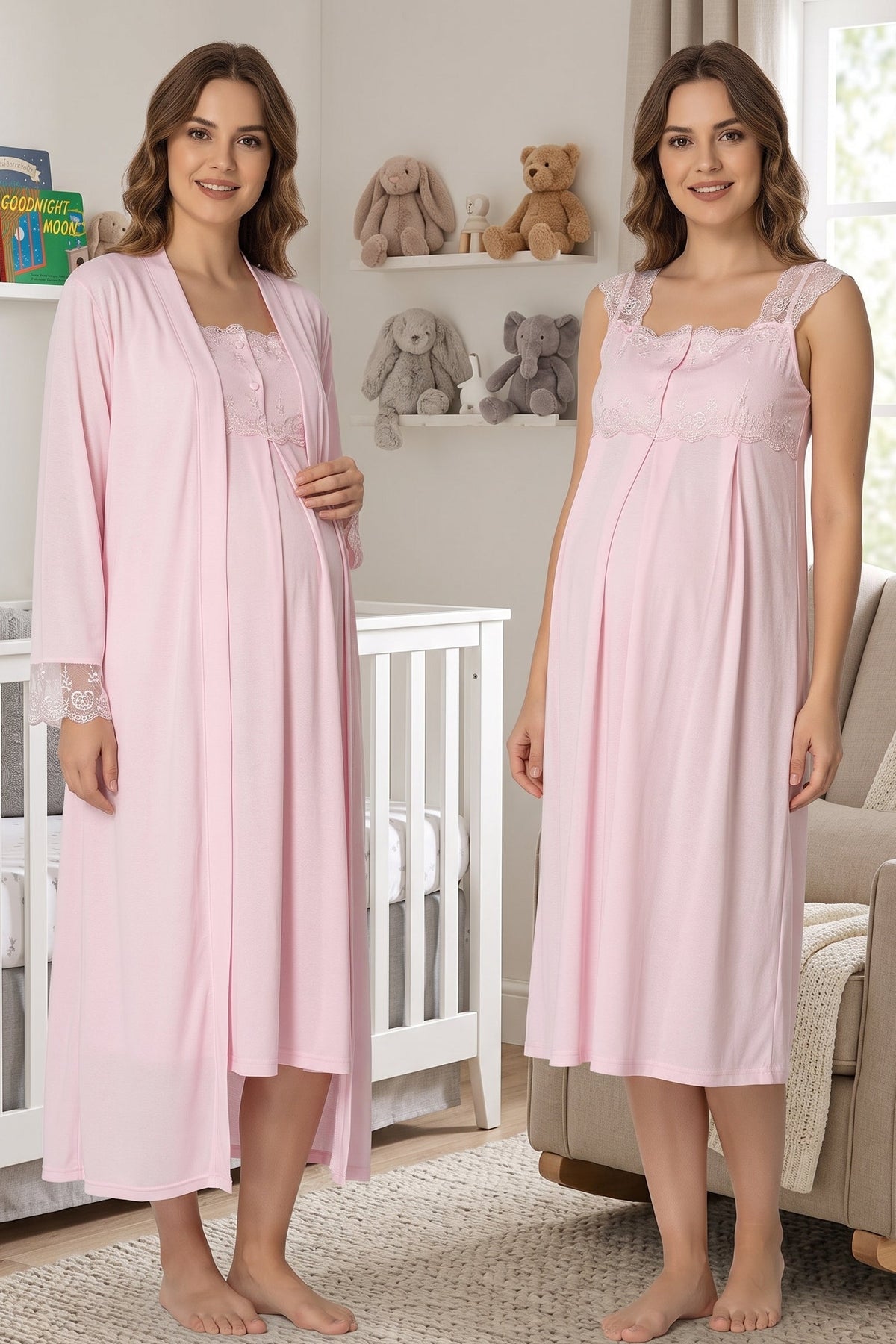 Lace Shoulder Maternity Feeding-Friendly Nightgown & Robe Set Pink - T2302