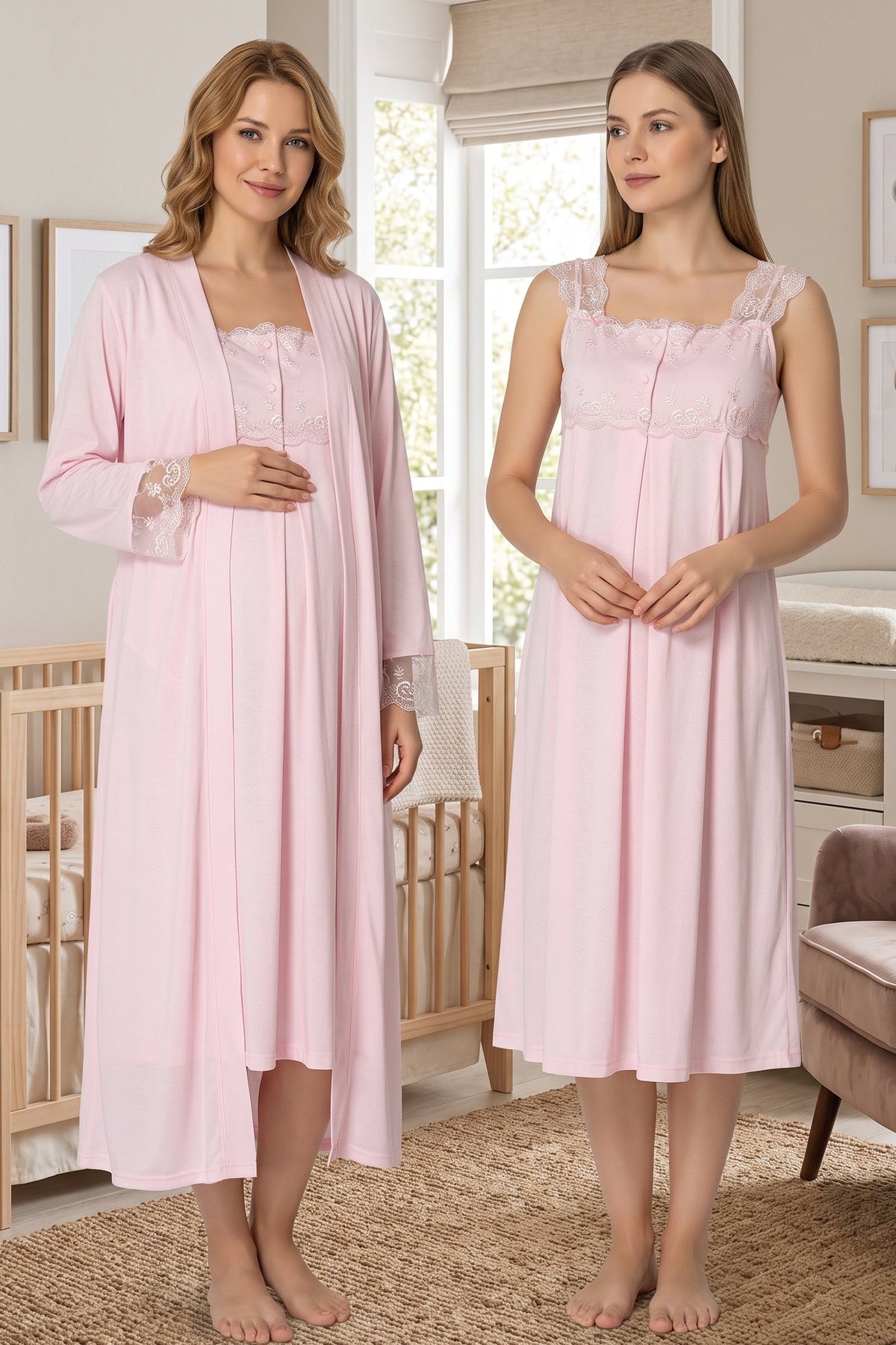 Lace Shoulder Maternity Feeding-Friendly Nightgown & Robe Set Pink - T2302