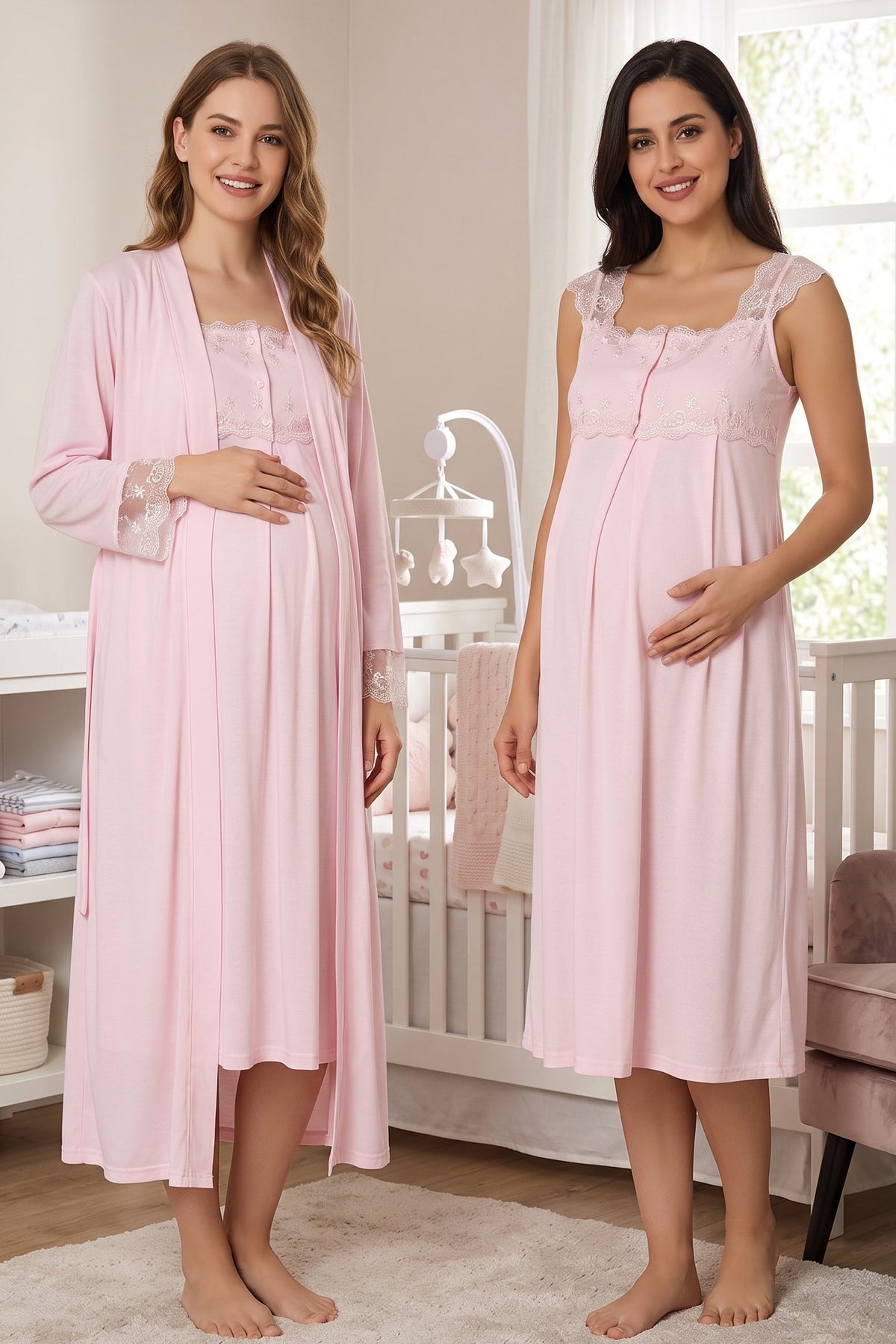 Lace Shoulder Maternity Feeding-Friendly Nightgown & Robe Set Pink - T2302