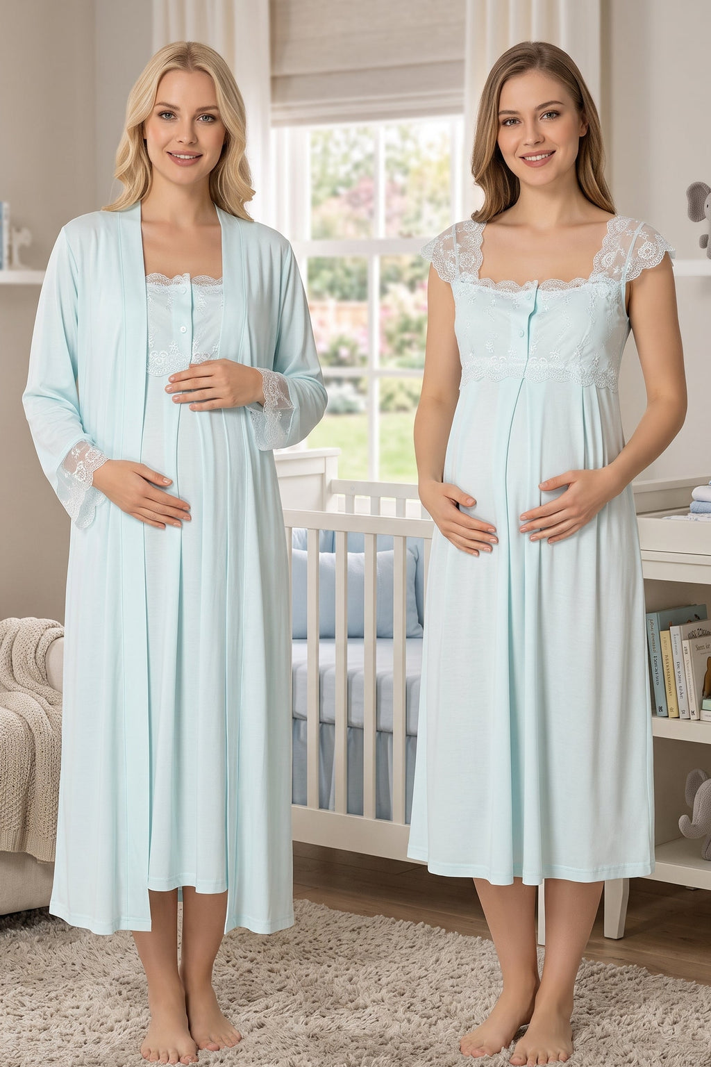 Lace Shoulder Maternity Feeding-Friendly Nightgown & Robe Set Turquoise - T2302