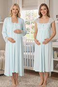 Lace Shoulder Maternity Feeding-Friendly Nightgown & Robe Set Turquoise - T2302