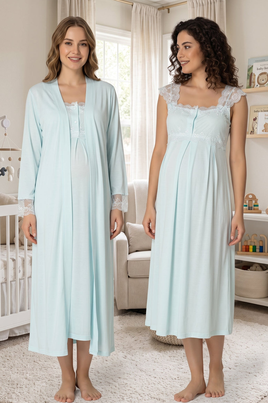 Lace Shoulder Maternity Feeding-Friendly Nightgown & Robe Set Turquoise - T2302