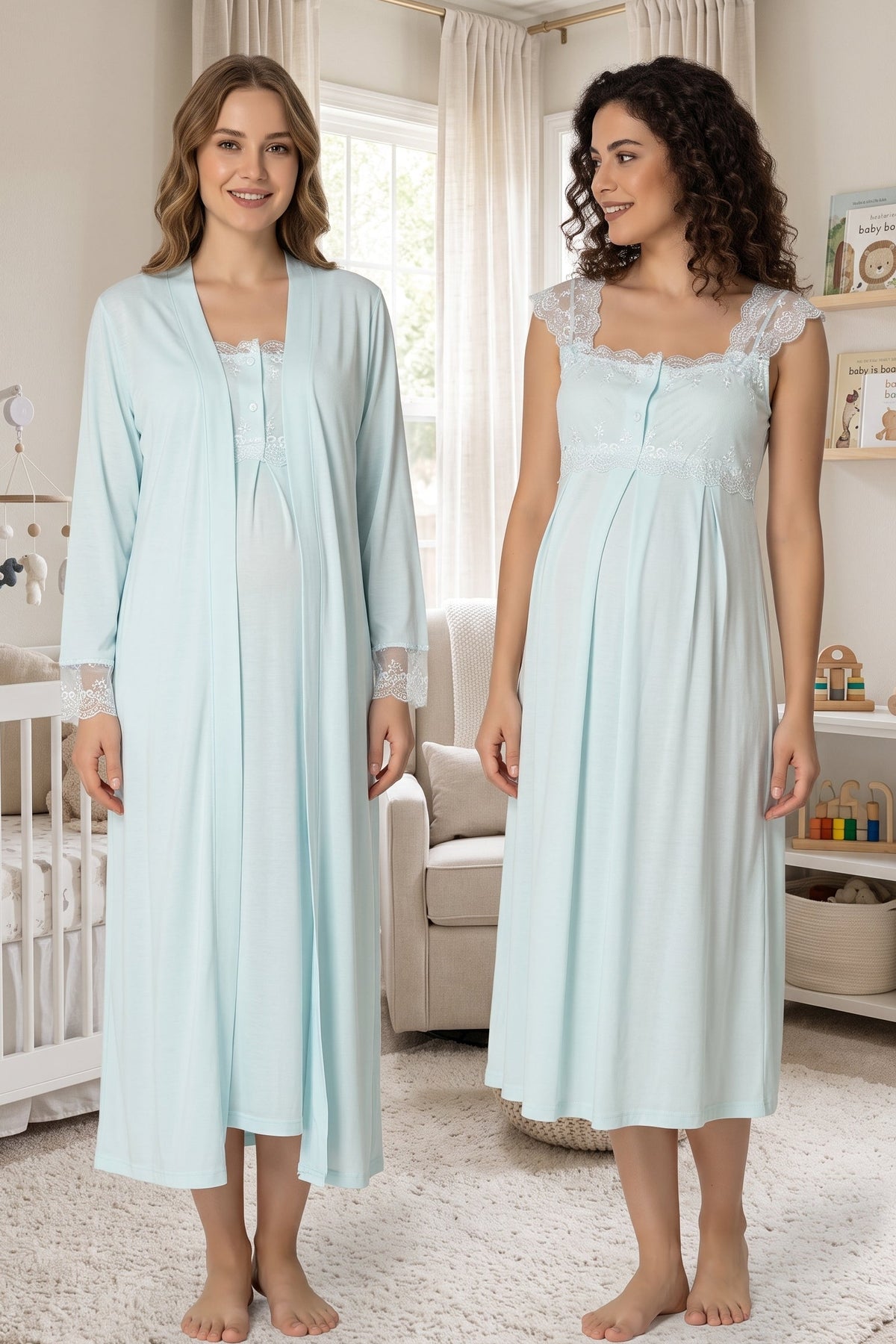 Lace Shoulder Maternity Feeding-Friendly Nightgown & Robe Set Turquoise - T2302