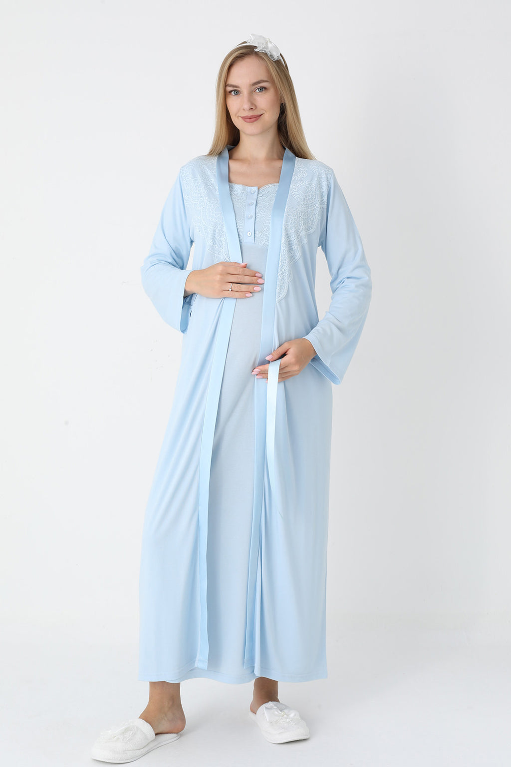 Lace Collar Maternity Feeding-Friendly Nightgown & Robe Set Blue - Z2302