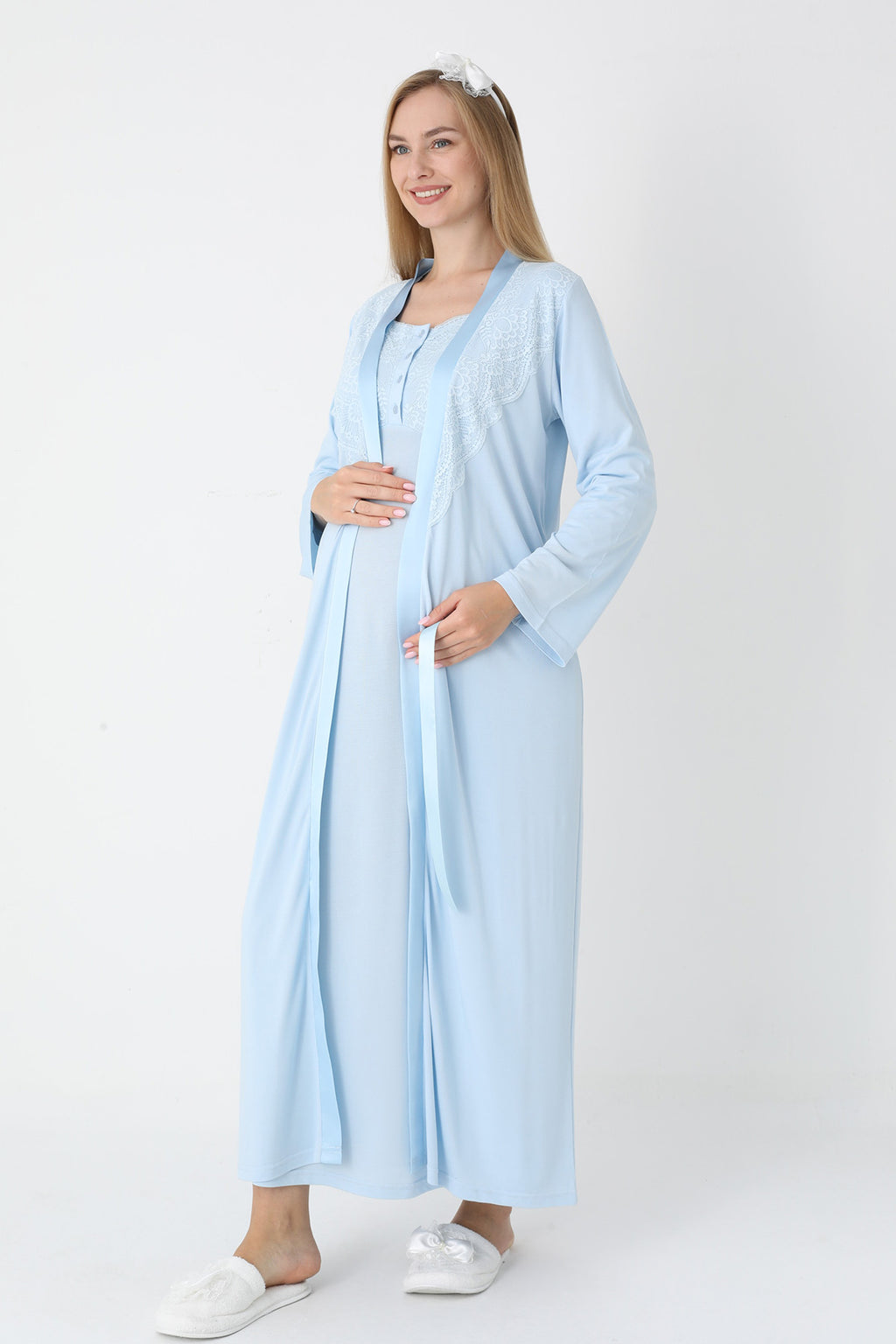 Lace Collar Maternity Feeding-Friendly Nightgown & Robe Set Blue - Z2302