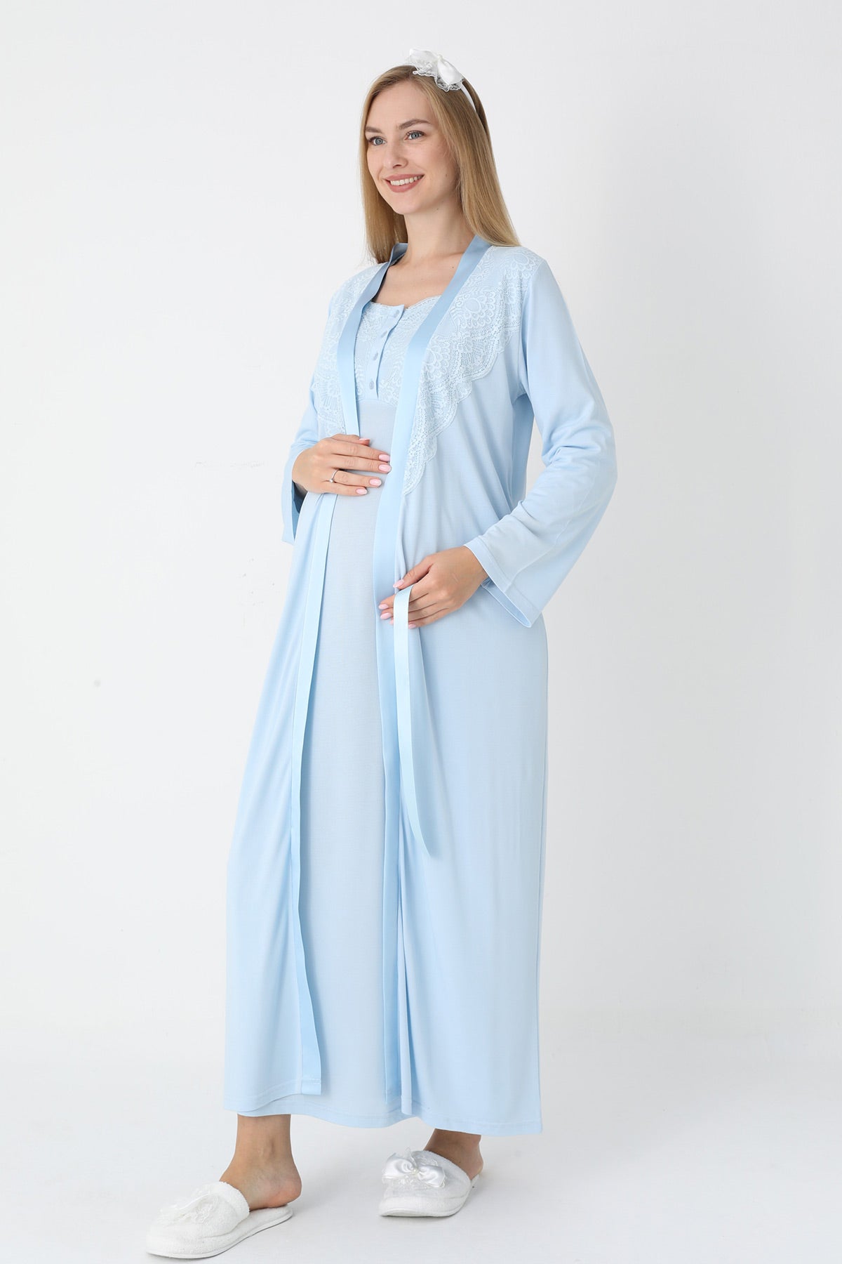 Lace Collar Maternity Feeding-Friendly Nightgown & Robe Set Blue - Z2302