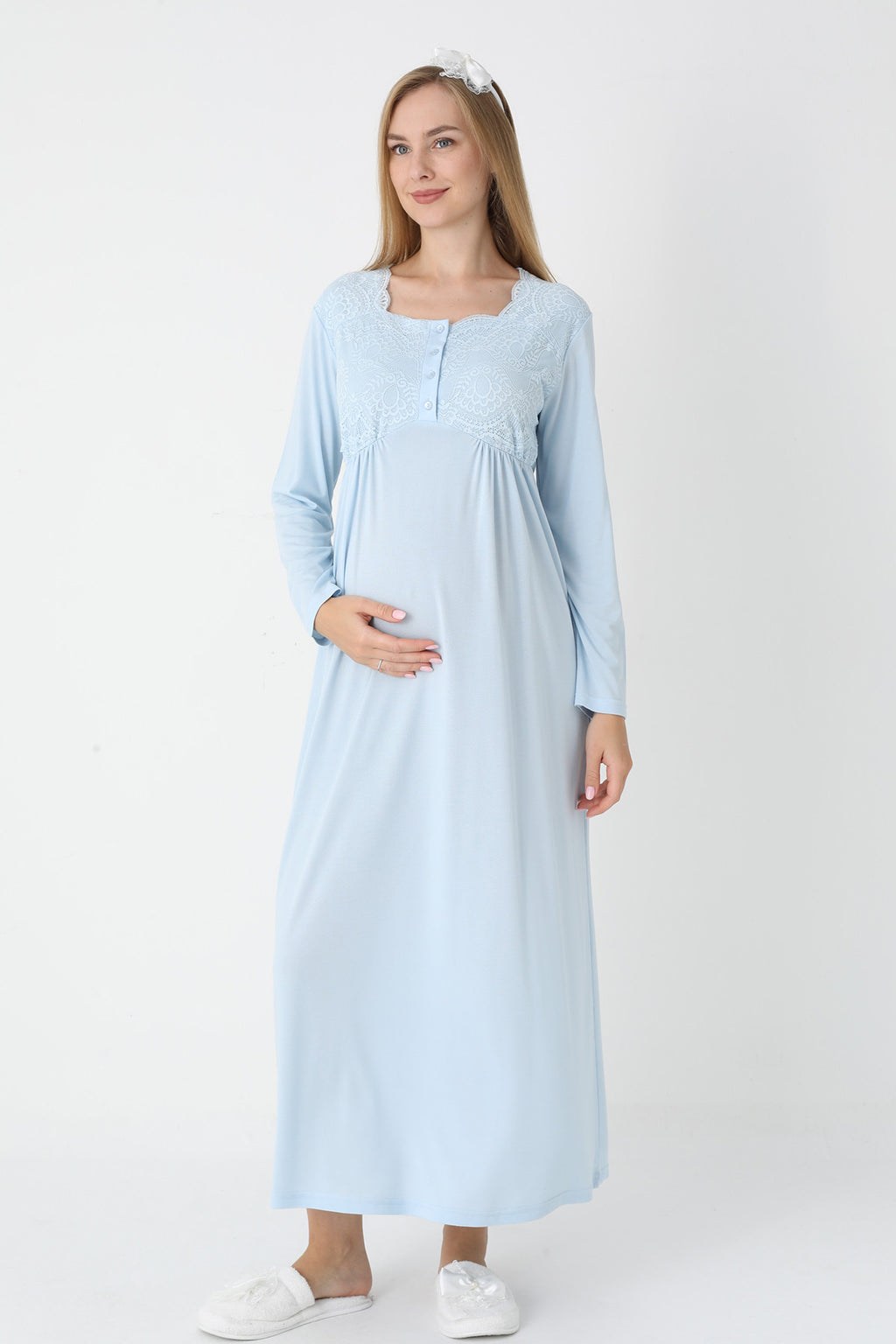 Lace Collar Maternity Feeding-Friendly Nightgown & Robe Set Blue - Z2302
