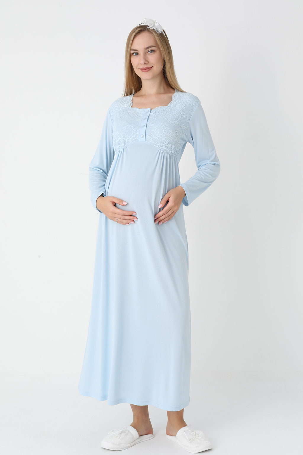 Lace Collar Maternity Feeding-Friendly Nightgown & Robe Set Blue - Z2302