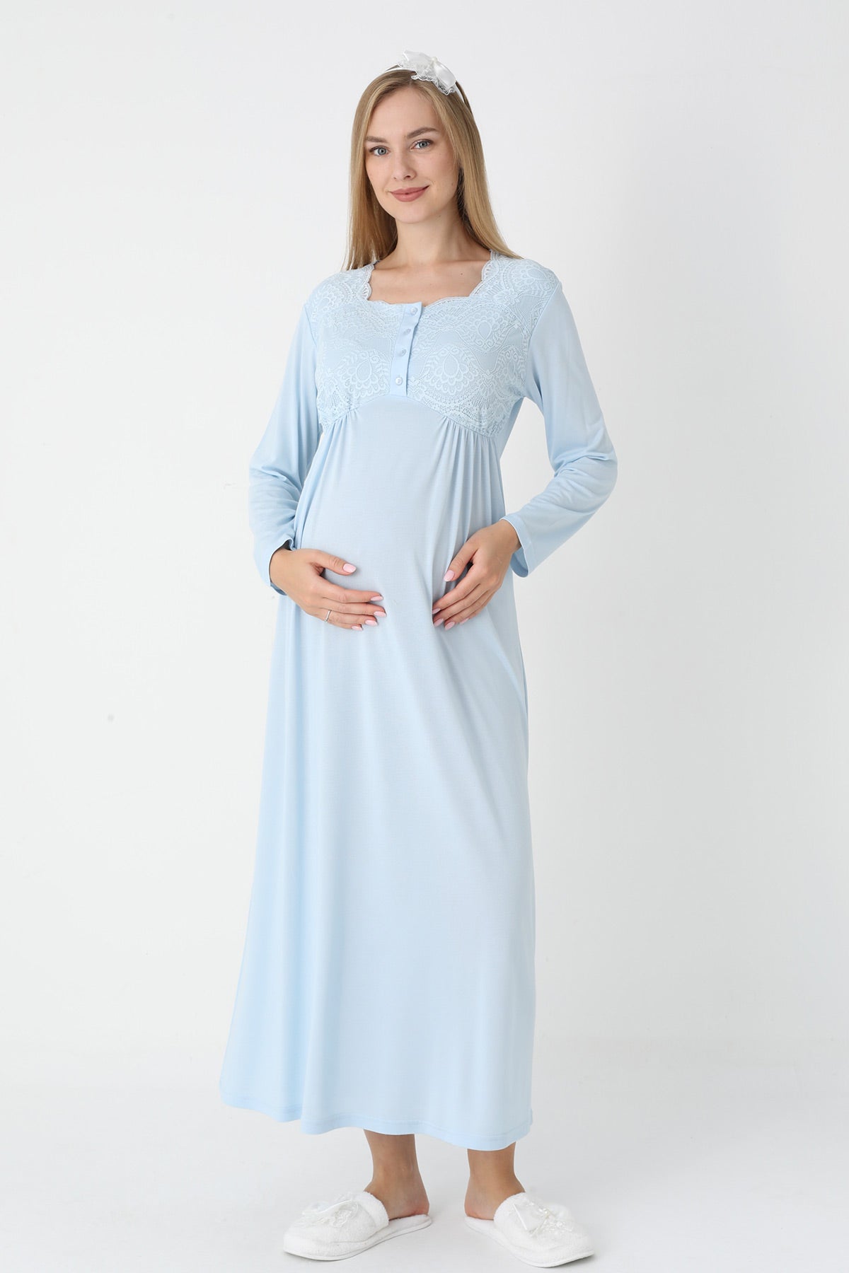 Lace Collar Maternity Feeding-Friendly Nightgown & Robe Set Blue - Z2302