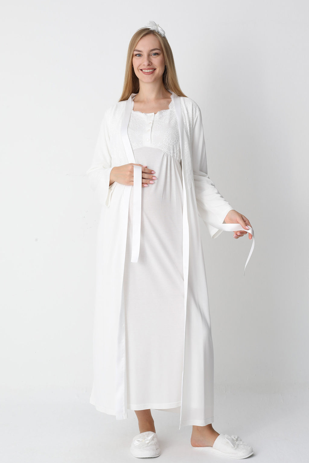 Lace Collar Maternity Feeding-Friendly Nightgown & Robe Set Ecru - Z2302