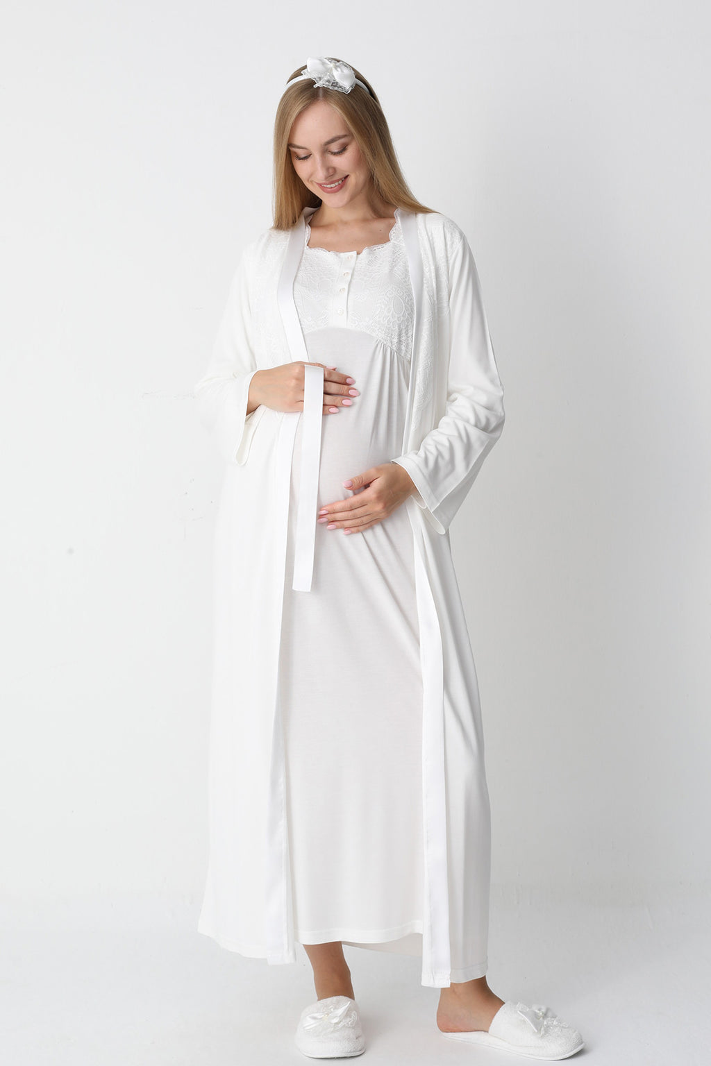 Lace Collar Maternity Feeding-Friendly Nightgown & Robe Set Ecru - Z2302