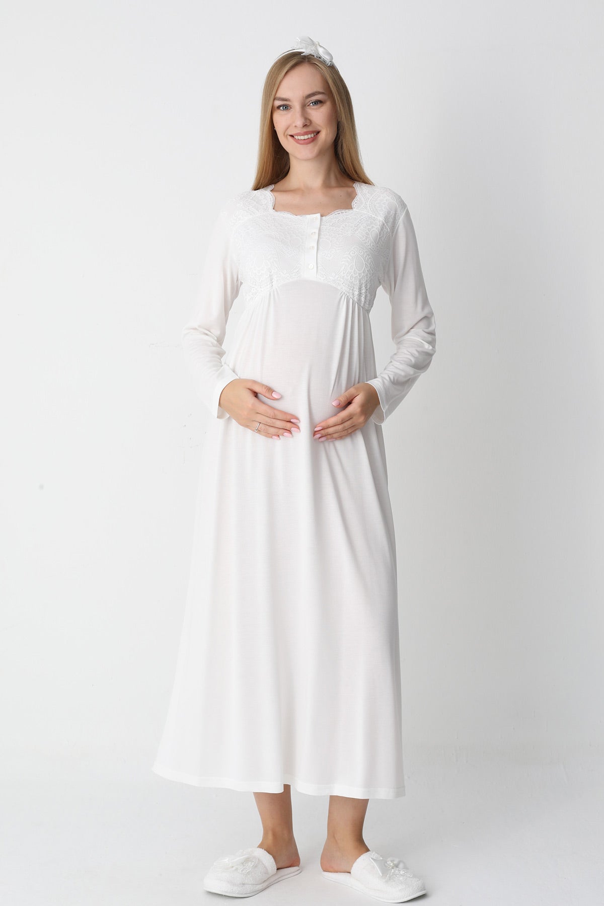 Lace Collar Maternity Feeding-Friendly Nightgown & Robe Set Ecru - Z2302
