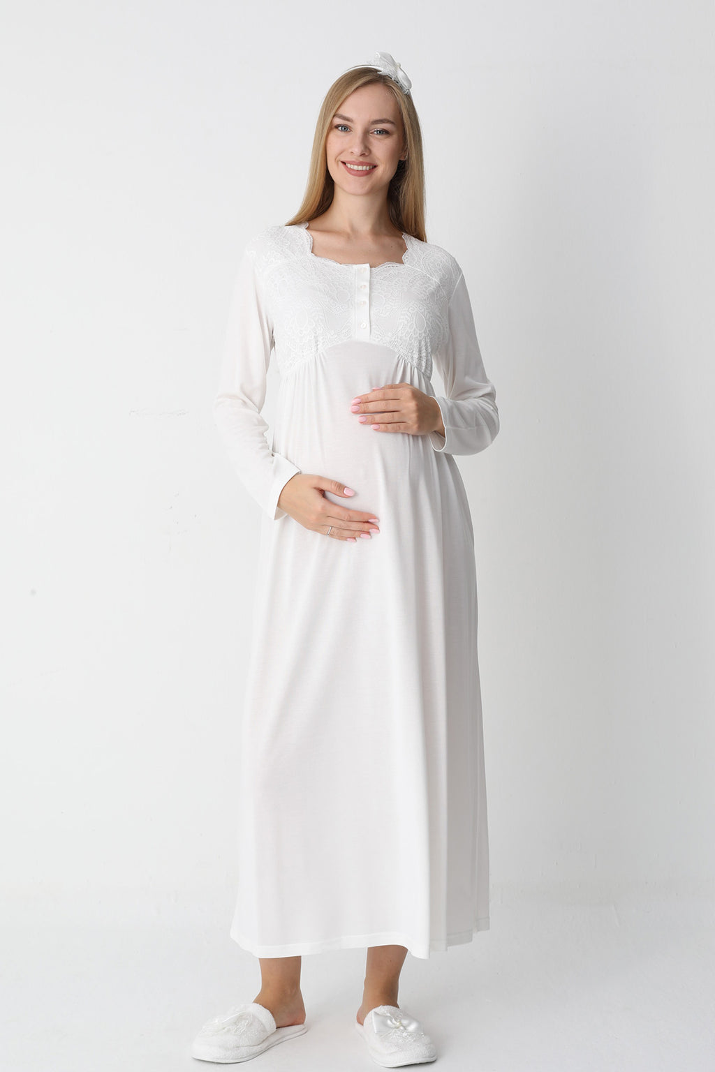 Lace Collar Maternity Feeding-Friendly Nightgown & Robe Set Ecru - Z2302