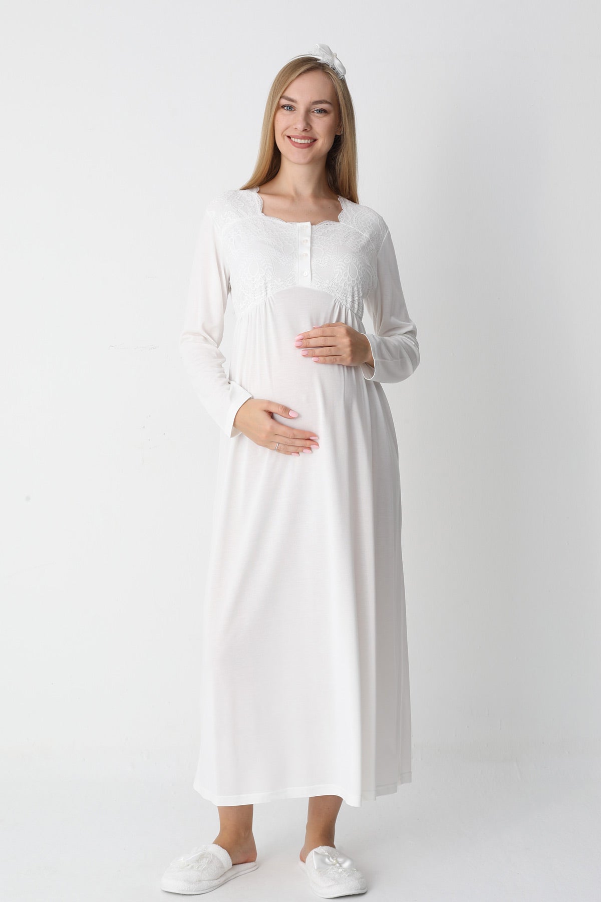 Lace Collar Maternity Feeding-Friendly Nightgown & Robe Set Ecru - Z2302