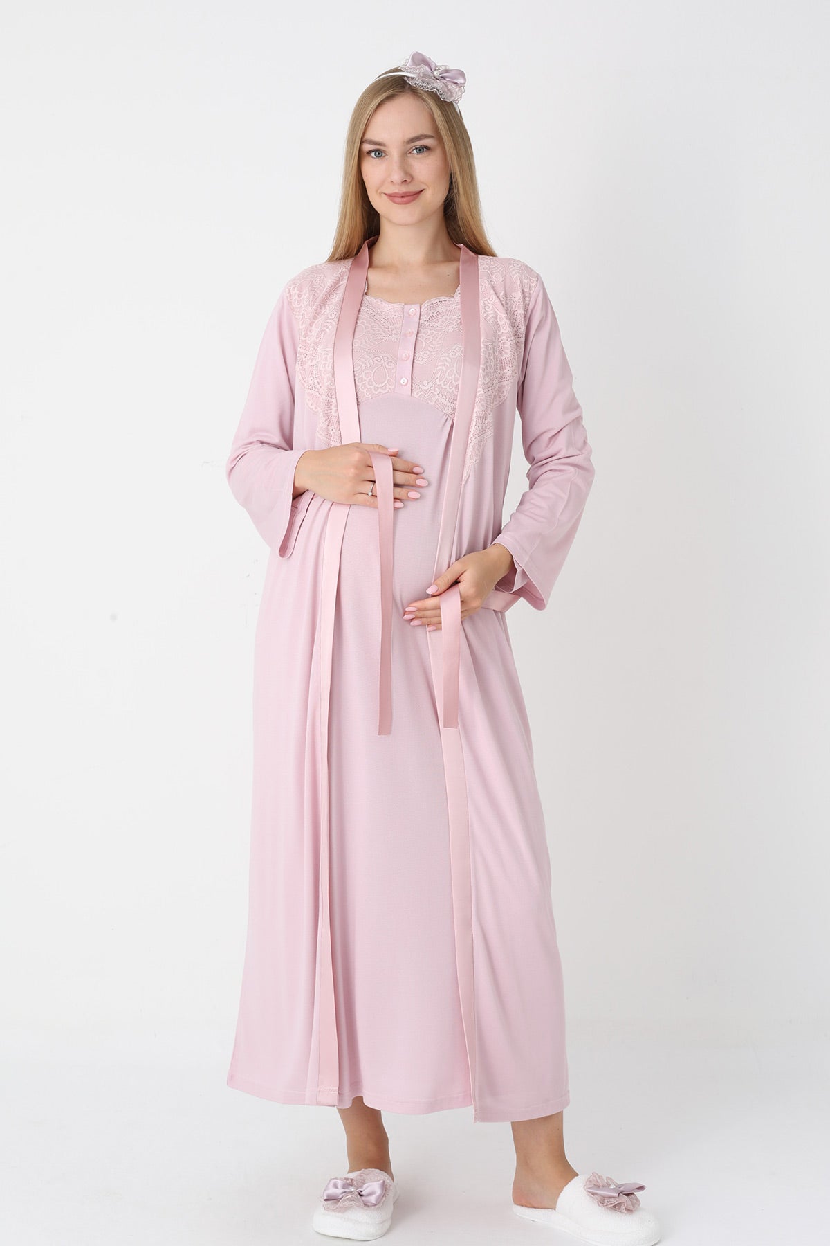Lace Collar Maternity Feeding-Friendly Nightgown & Robe Set Powder - Z2302