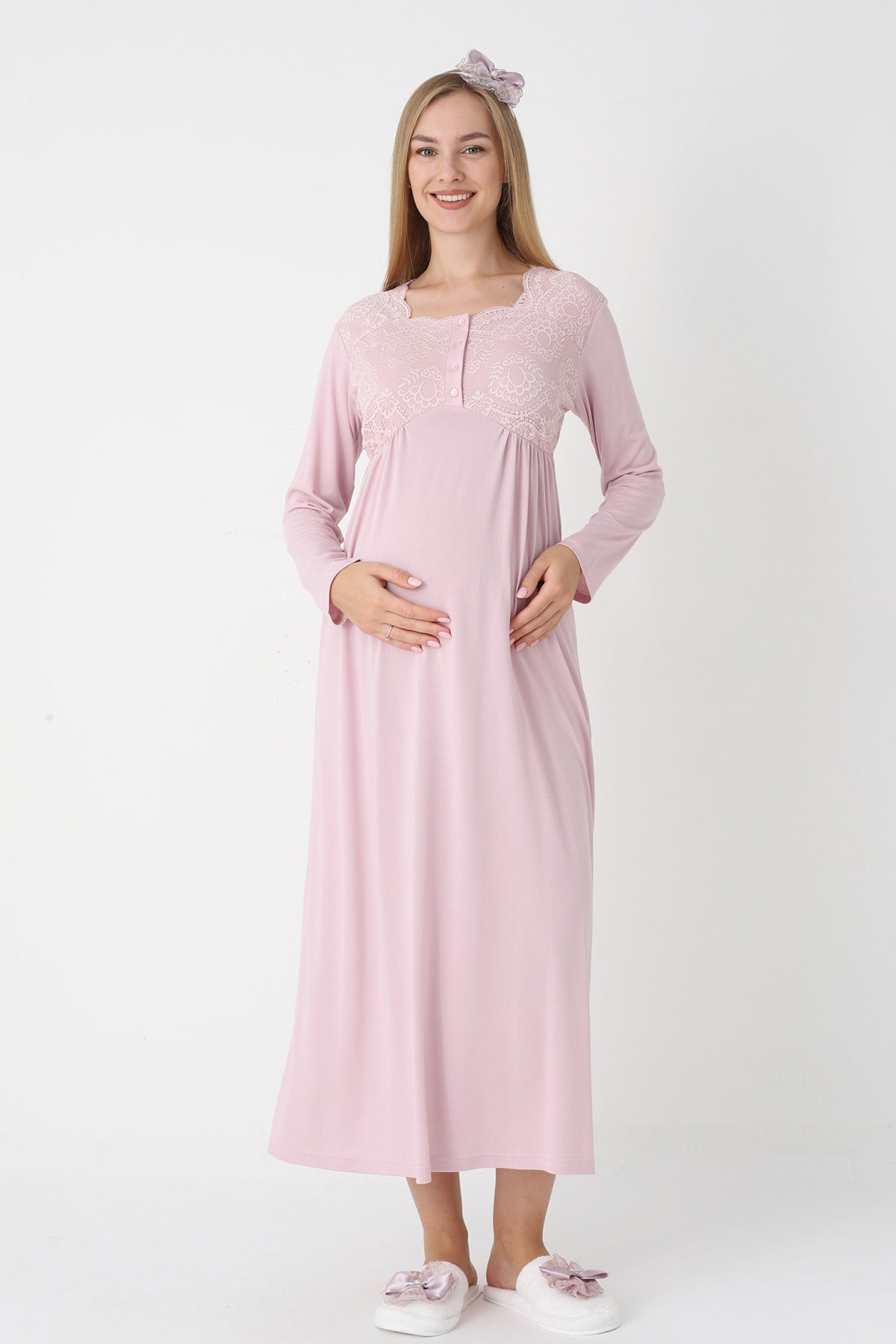Lace Collar Maternity Feeding-Friendly Nightgown & Robe Set Powder - Z2302