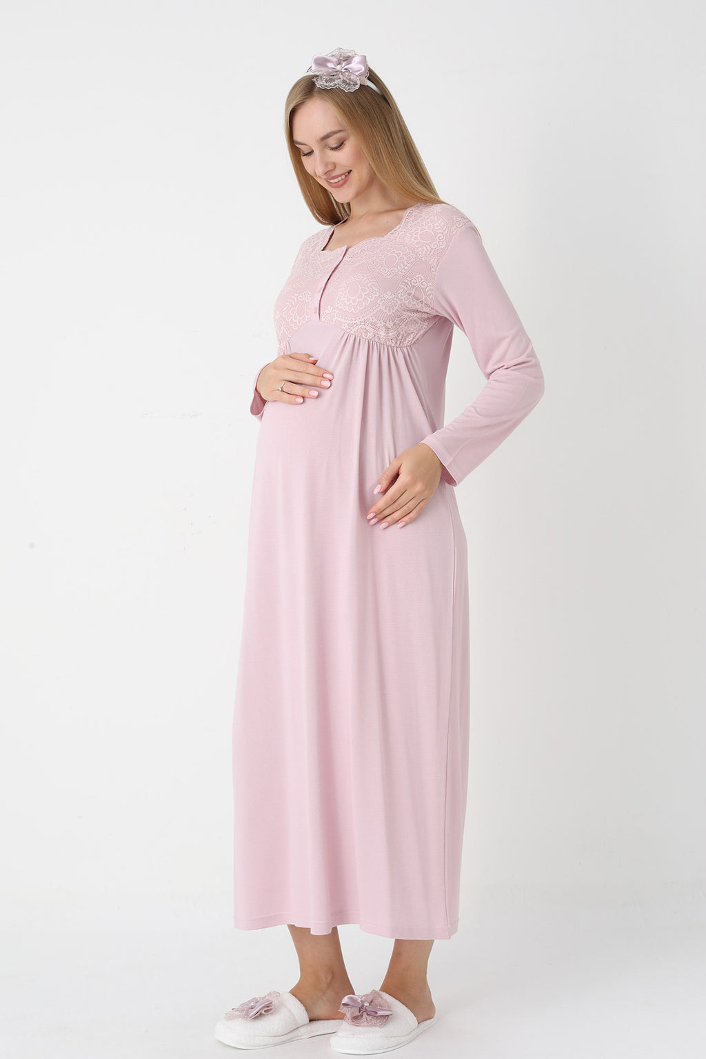 Lace Collar Maternity Feeding-Friendly Nightgown & Robe Set Powder - Z2302