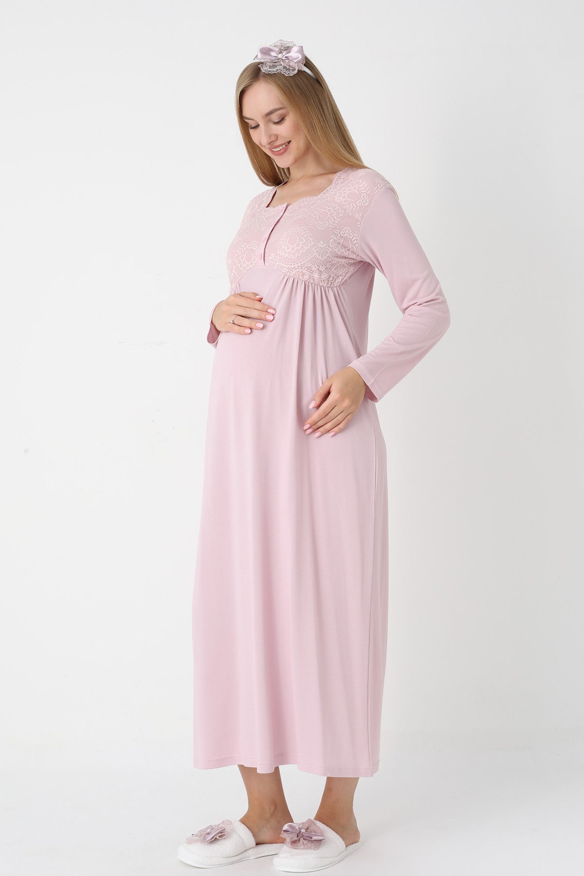 Lace Collar Maternity Feeding-Friendly Nightgown & Robe Set Powder - Z2302