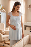 Lace Shoulder Maternity Feeding-Friendly Pajama Set Blue - T2303