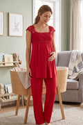 Lace Shoulder Maternity Feeding-Friendly Pajama Set Cherry - T2303