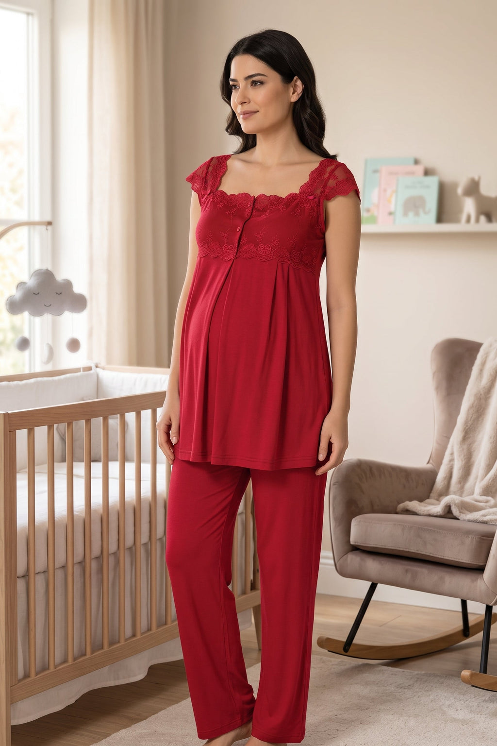 Lace Shoulder Maternity Feeding-Friendly Pajama Set Cherry - T2303