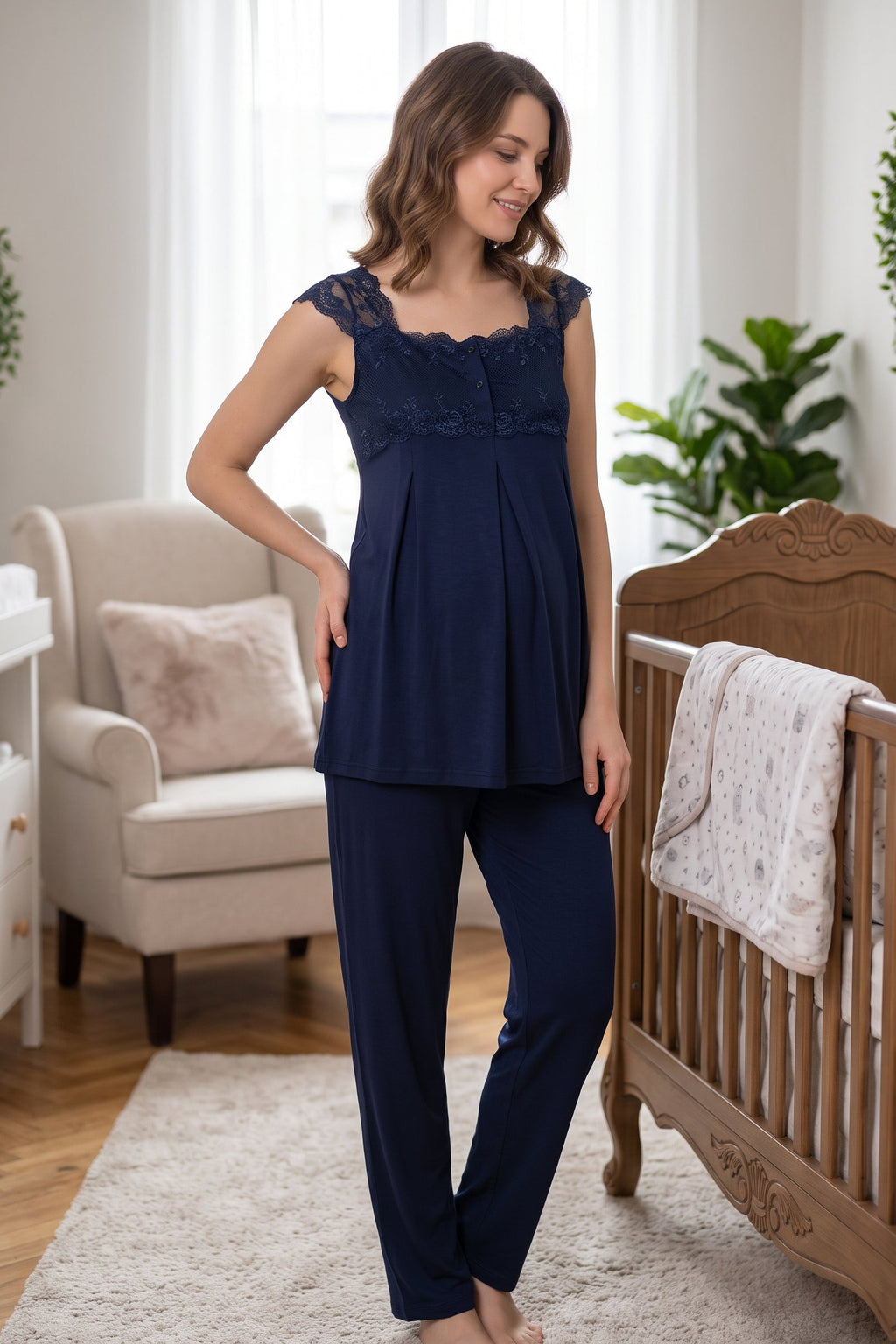 Lace Shoulder Maternity Feeding-Friendly Pajama Set Navy Blue - T2303