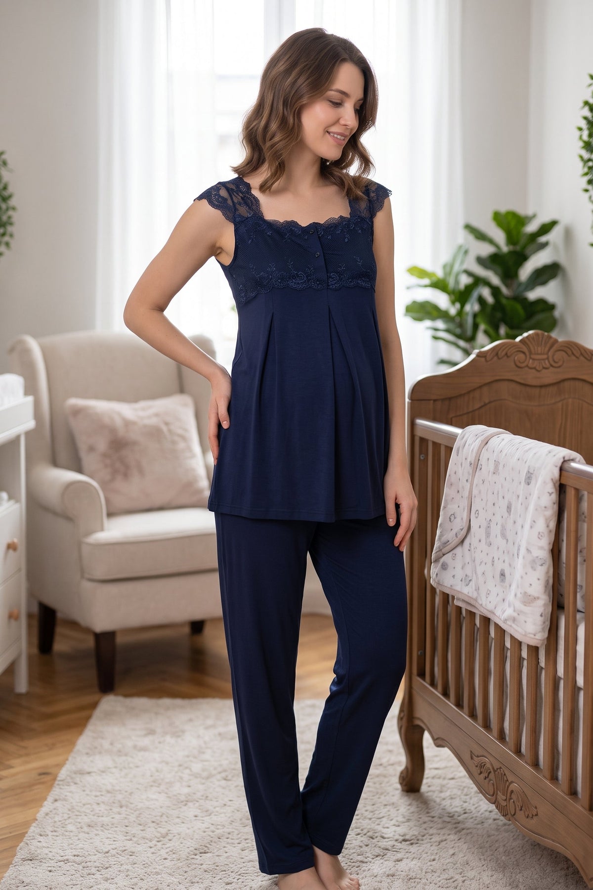 Lace Shoulder Maternity Feeding-Friendly Pajama Set Navy Blue - T2303