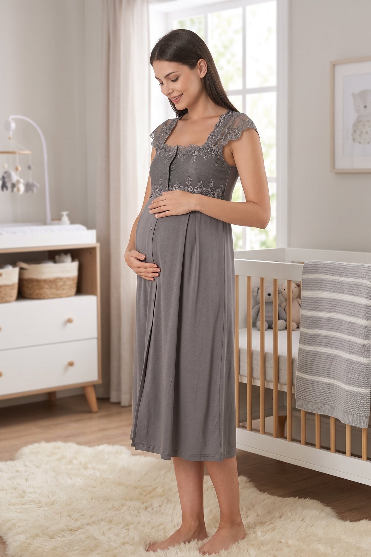 Lace Shoulder Maternity Feeding-Friendly Nightgown Anthracite - T2304