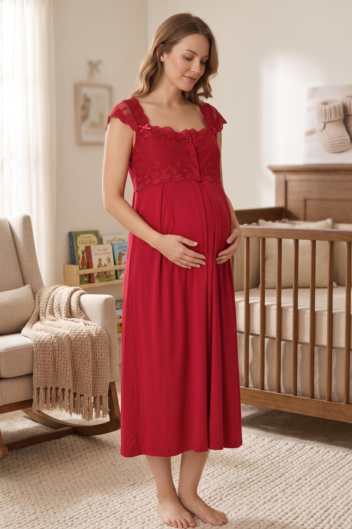 Lace Shoulder Maternity Feeding-Friendly Nightgown Cherry - T2304