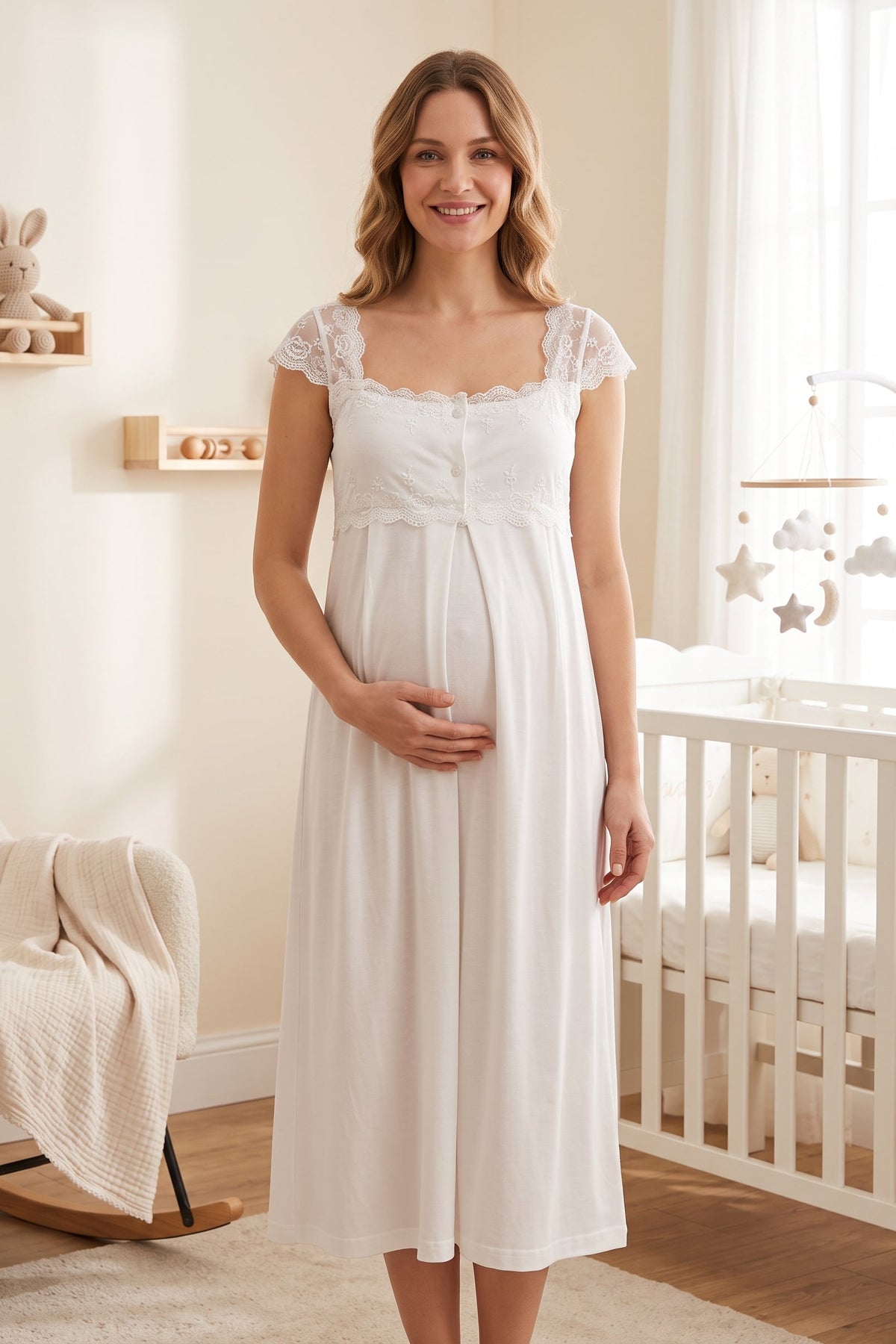 Lace Shoulder Maternity Feeding-Friendly Nightgown Ecru - T2304