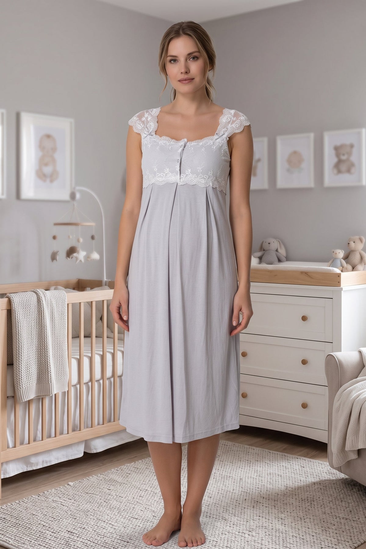 Lace Shoulder Maternity Feeding-Friendly Nightgown Grey - T2304