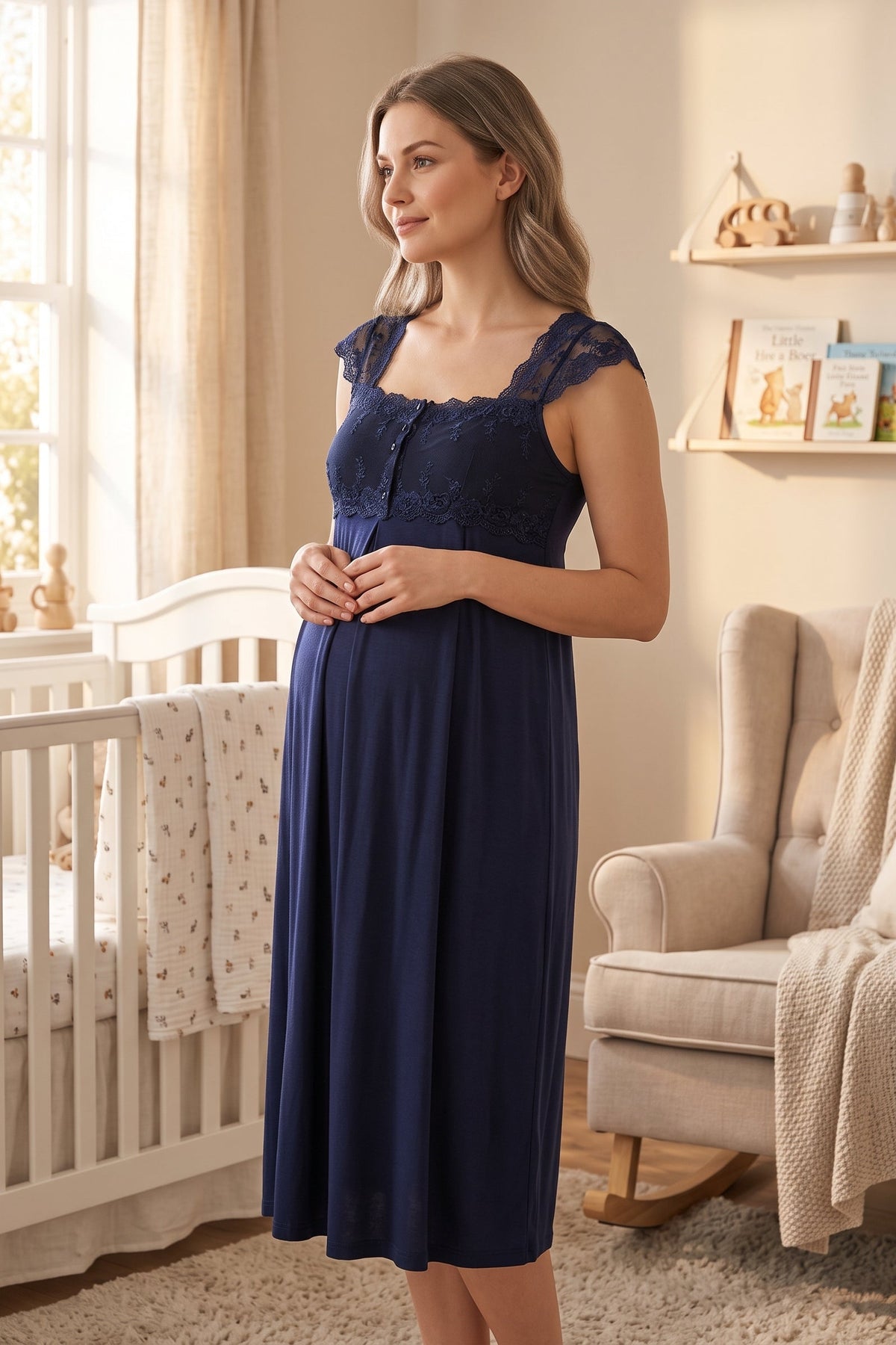 Lace Shoulder Maternity Feeding-Friendly Nightgown Navy Blue - T2304