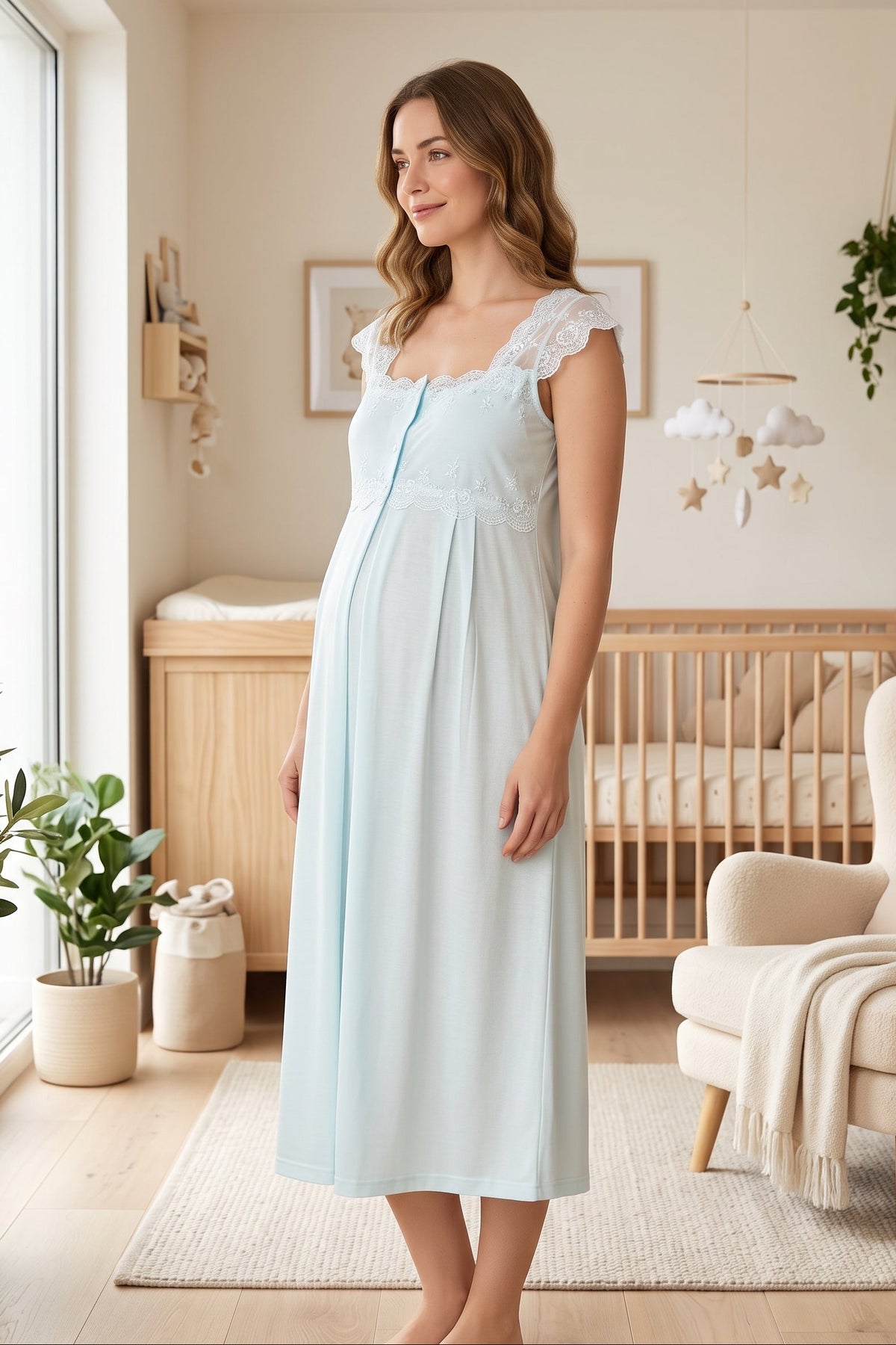 Lace Shoulder Maternity Feeding-Friendly Nightgown Turquoise - T2304