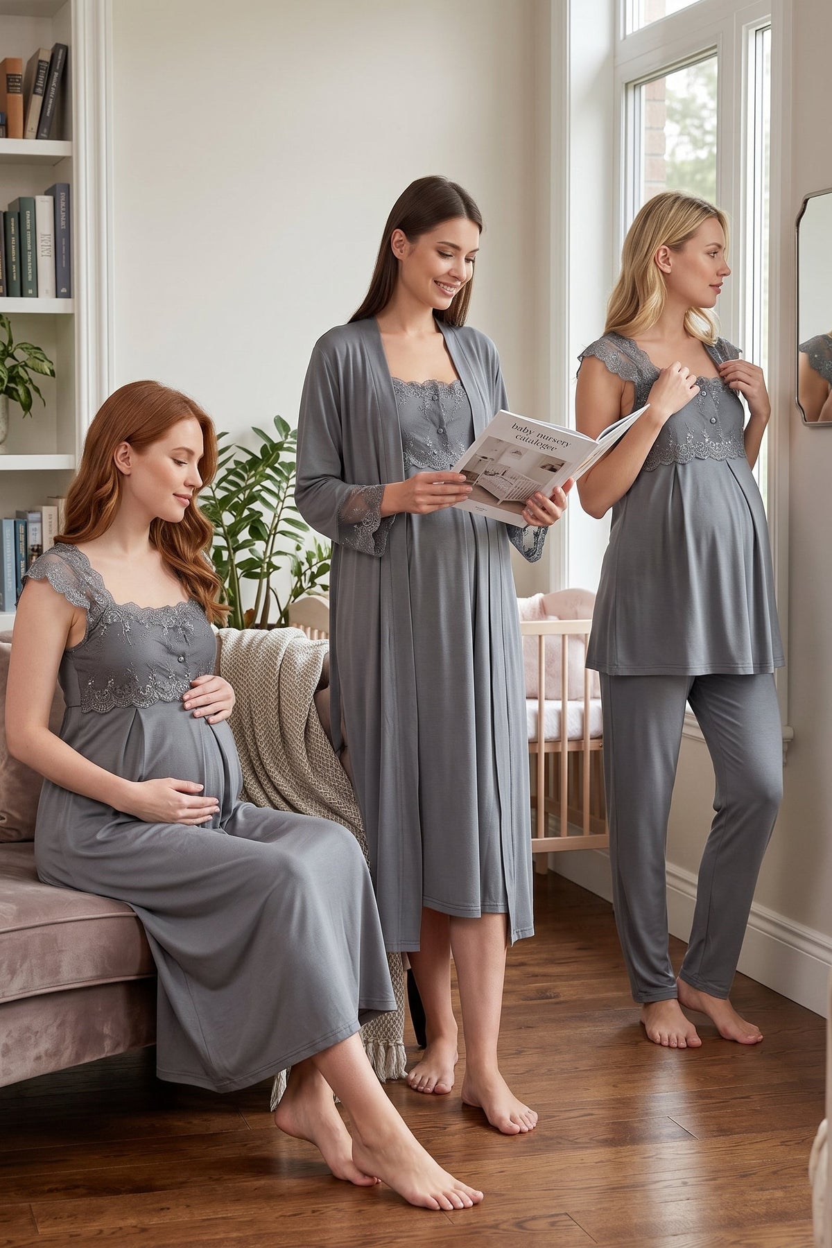 Lace Shoulder 4-Piece Maternity Feeding-Friendly Set Anthracite - T2305