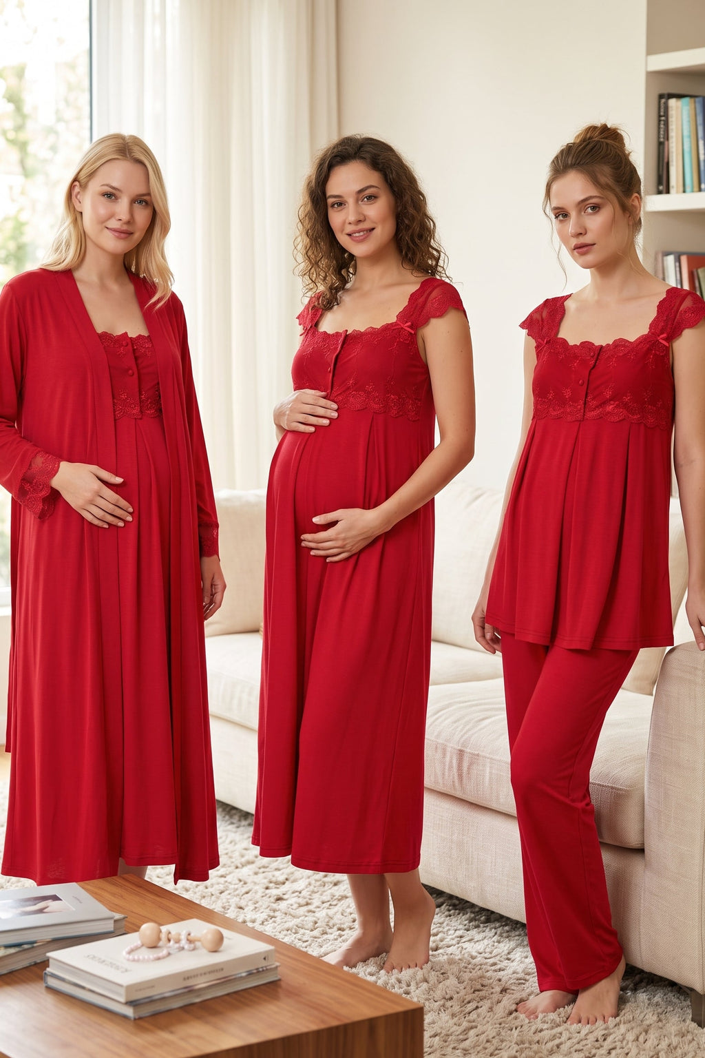 Lace Shoulder 4-Piece Maternity Feeding-Friendly Set Cherry - T2305