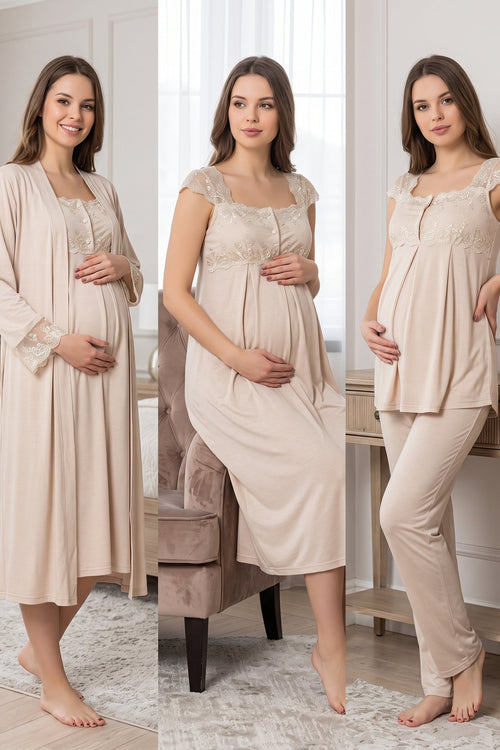 Lace Shoulder 4-Piece Maternity Feeding-Friendly Set Mink - T2305