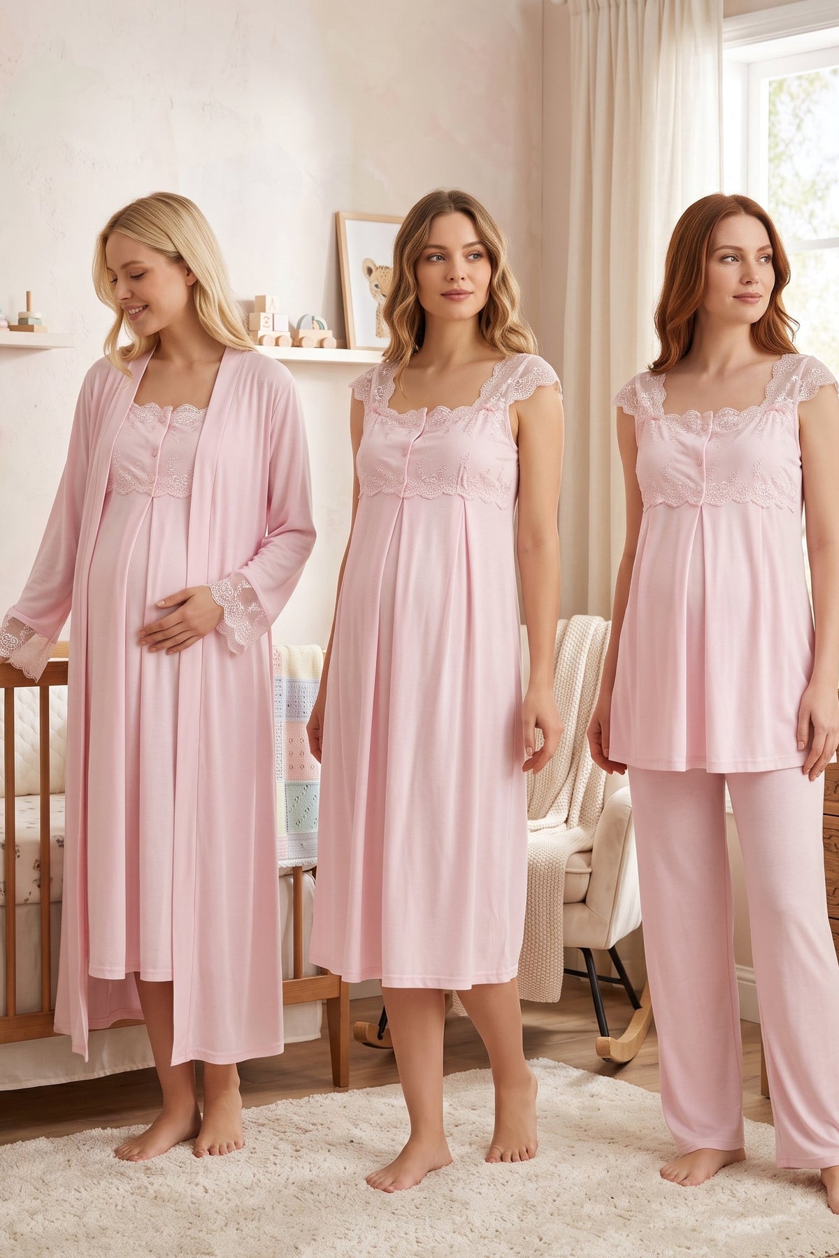 Lace Shoulder 4-Piece Maternity Feeding-Friendly Set Pink - T2305