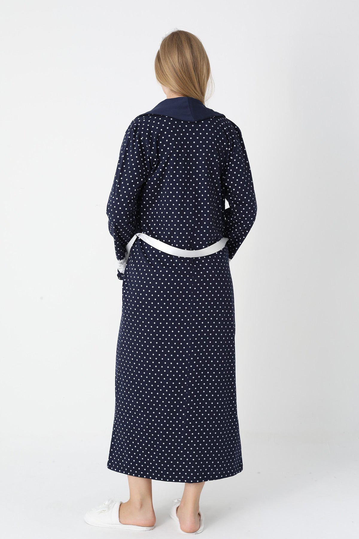 Lacy Edge Maternity Feeding-Friendly Nightgown & Polka Dot Robe Set Navy Blue - Z2308