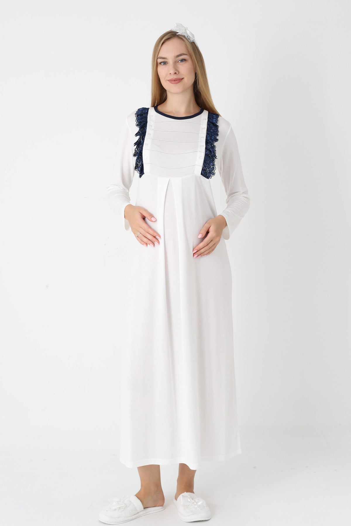 Lacy Edge Maternity Feeding-Friendly Nightgown & Polka Dot Robe Set Navy Blue - Z2308