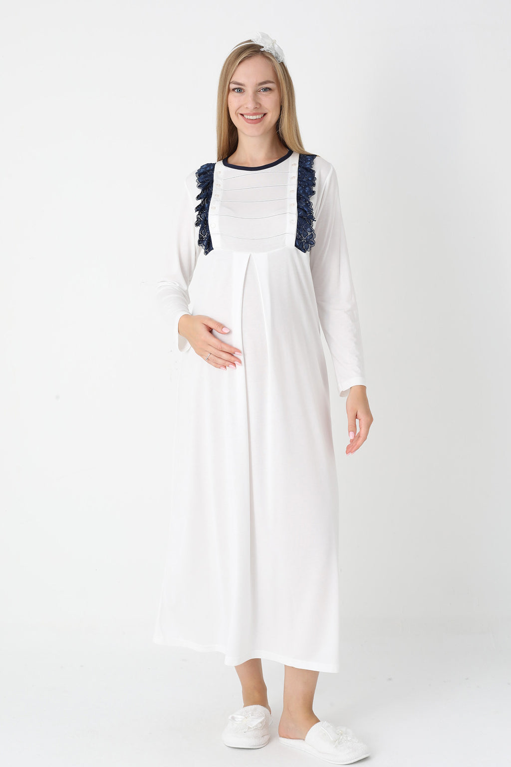 Lacy Edge Maternity Feeding-Friendly Nightgown & Polka Dot Robe Set Navy Blue - Z2308
