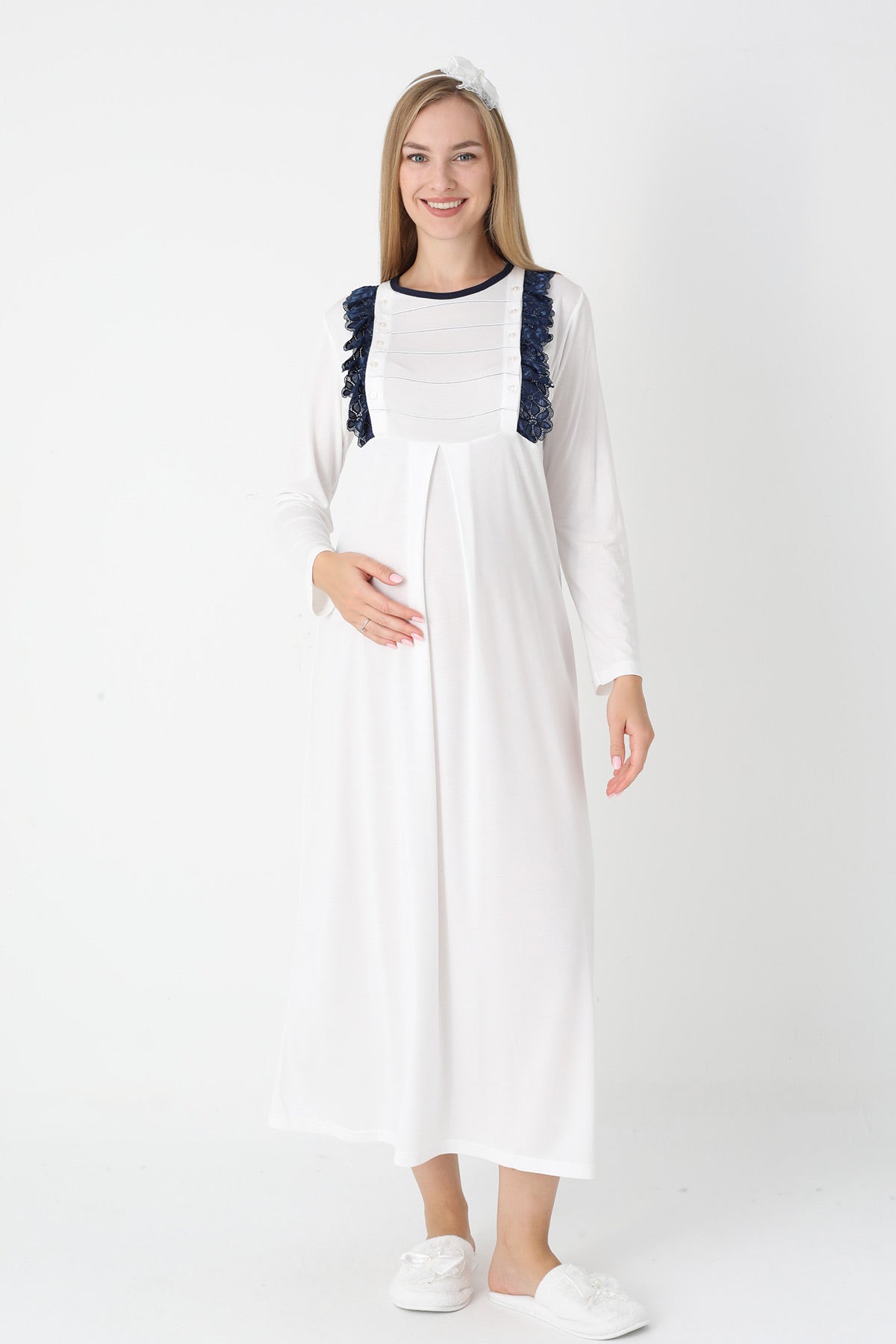 Lacy Edge Maternity Feeding-Friendly Nightgown & Polka Dot Robe Set Navy Blue - Z2308