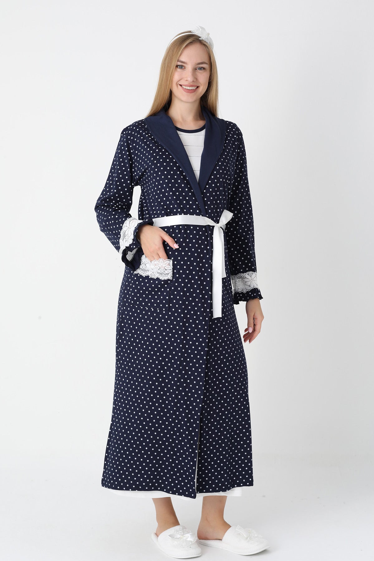 Lacy Edge Maternity Feeding-Friendly Nightgown & Polka Dot Robe Set Navy Blue - Z2308